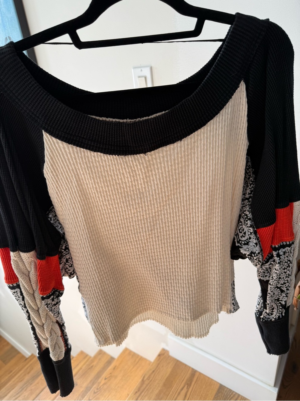 Free People Black, Cream & Red Patchwork Scoop-Neck Sweater